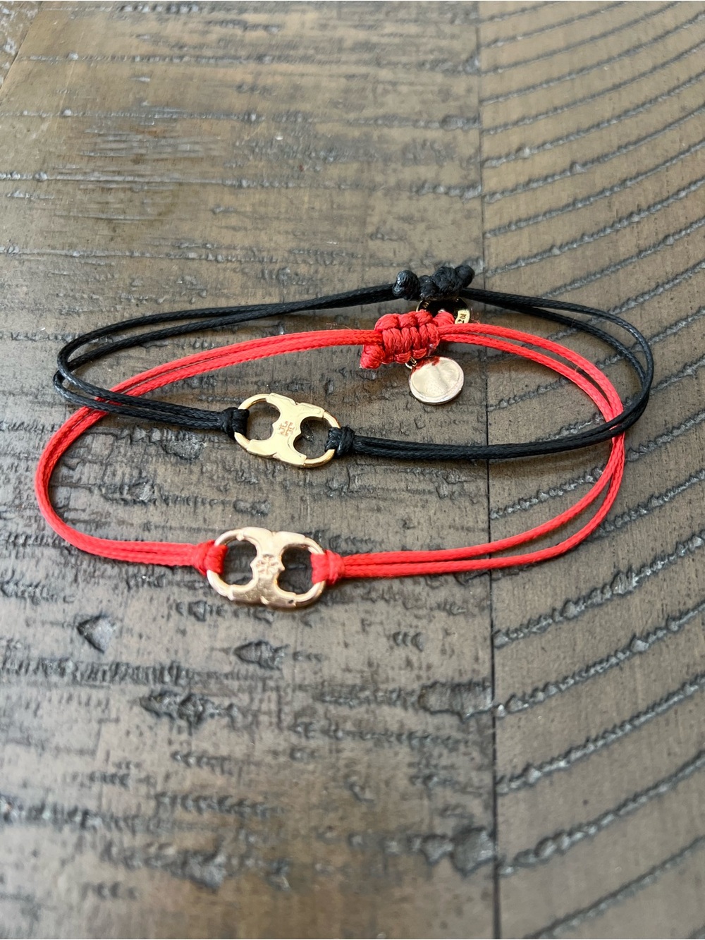 Tory Burch Black and Red Cord Bracelet Set with Gold Logo Accents